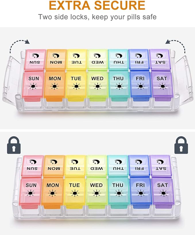 Pill Organizer 2 Times a Day, Fullicon Quick Fill Large Weekly AM PM Pill Box, Medicine Organizer 7 Day, Daily Pill Cases - Rainbow (Patent Registered)