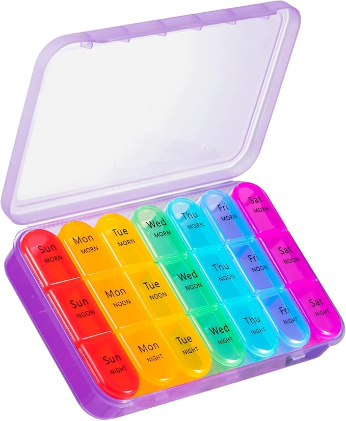 ASprink Pink and Purple Pill Organizer 3 Times a Day - Weekly Pill Box 3 Times a Day - Daily Pill Box 7 Day Medicine Organizer, Large Pill Case Pill Box 3 Times a Day, Travel Pill Organizer,