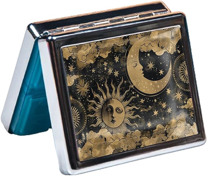 Silver Vintage Pill Box 7 Day Metal Pill Box with Mirror and 8 Compartments Cute Travel Pill Organizer for Purse (Sun and Moon)
