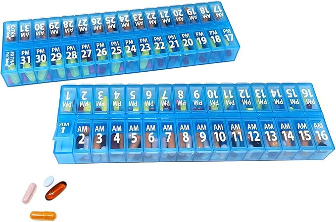 Twice-a-Day Monthly Pill Box Planner Set - AM & PM Medication Organizer for 31 Days! Set Contains 2 Organizers for One Month. (Blue - 31 Day AM/PM -1 Pack)