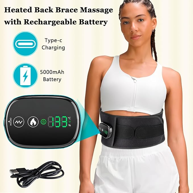 Cordless Heating Pad with Massager, Back Brace Heating Pad for Back Pain Relief, Heated Back Support Belt with 3 Heating & Vibration Modes, Rechargeable Low Back Massager for Women Men