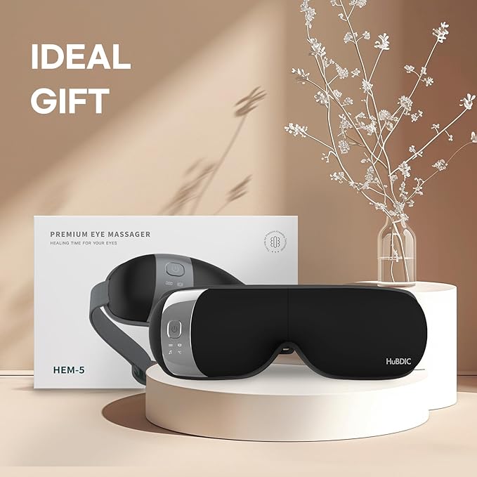 HubiCare Eye Massager with Heat, Vibration, and Music Helps Relieve Strain, Dark Circles, Dryness, and for Migraine Relief Relaxation and Better Sleep Valentines Day Gifts for Women/Men (Black)