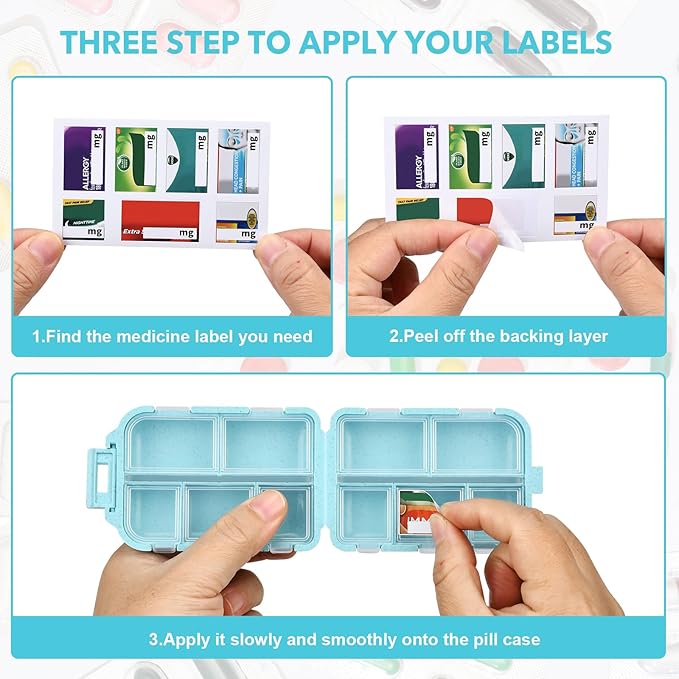 Large Travel Pill Organizer with Medicine Labels, Travel Pill Box Medicine Organizer Daily Pill Container 10 Compartments Pill Case (Blue, 189 Lables)