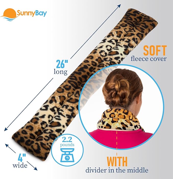 SunnyBay Microwave Heating Pad, Microwavable Heated Neck and Shoulder Wrap, Soothing Weighted Moist Heat or Ice Pack with Flaxseed and Lavender, 26x5 Inches, 2.5 lbs, Leopard