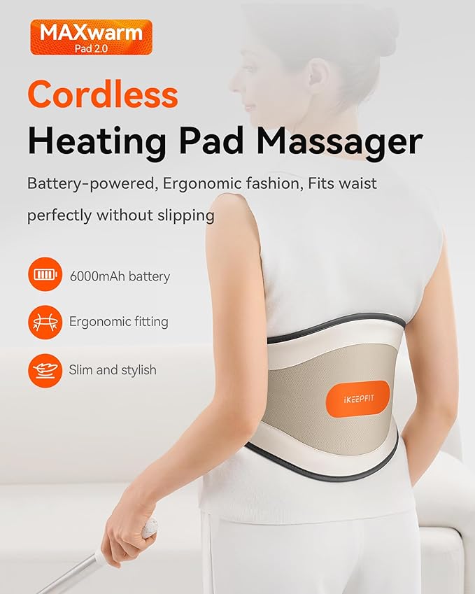 Portable Heating Pad for Back & Period Cramps, MAXwarm 2.0, Cordless Lower Back & Menstrual Heated Pad with Massager for Pain Relief, Wearable Heat Belt, Extra Large 70" (Grey)