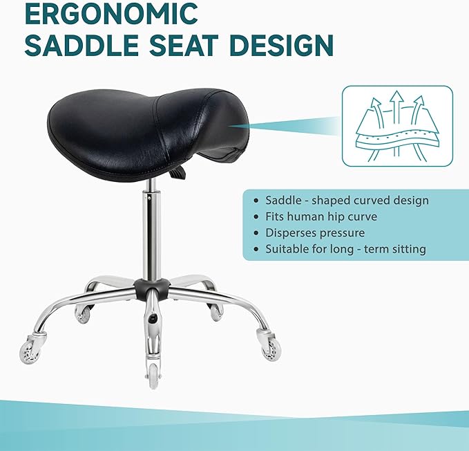 Saddle Stool with Wheels,Ergonomic Swivel Rolling Height Adjustable for Salon Beauty Clinic Dentist Tattoo Home Office（Black）