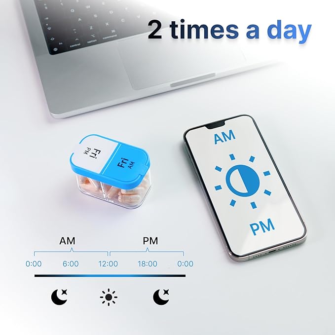 Extra Large Weekly Pill Organizer Set - 2 XL Vitamin Holders with 7 Detachable AM PM Compartments - Reliable Medicine Dispenser for Home and Travel, Portable Supplement Container, Rainbow & Blue/White