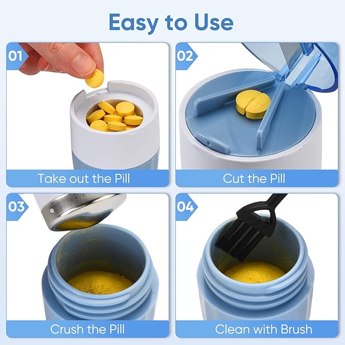 3-in-1 Pill Crusher, Pill Cutter Splitter & Pill Grinder with Stainless Steel Blade, Adjustable Pill Cutter for Small or Large Pills, Easy to Use, Travel-Friendly(Blue)