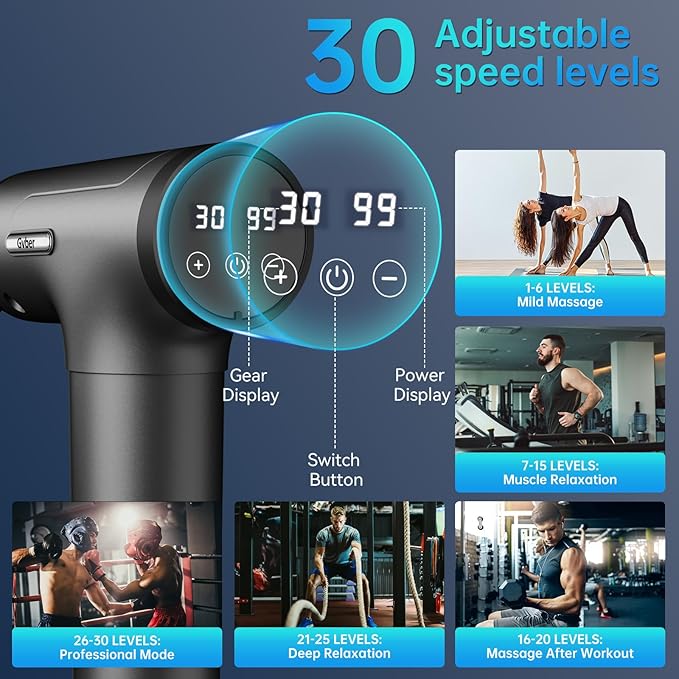 Massage Gun, Massage Gun Deep Tissue, Handheld Back Massager for Athletes, Percussion Muscle Massager with 6 Attachments & 30 Speed, Father's Day, Black (Grey)