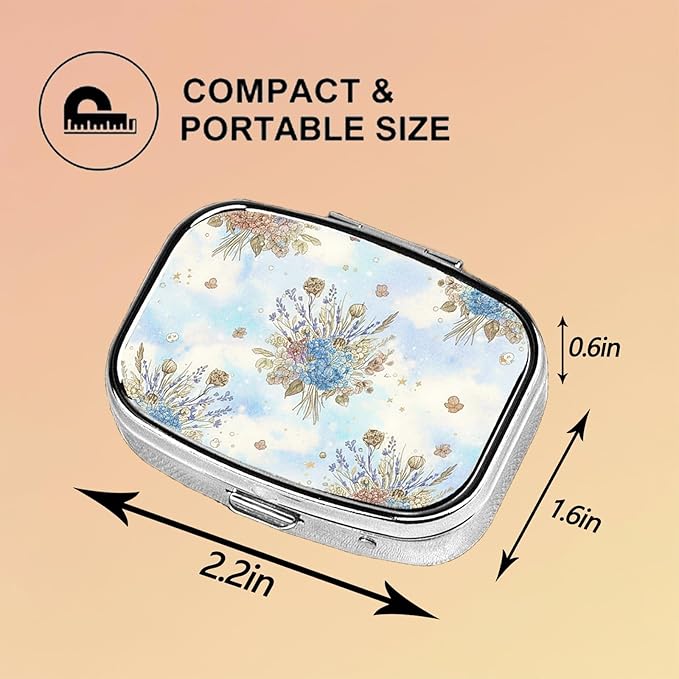 Square Pill Case Small Pill Box with Mirror Pocket 2 Compartment Vitamin Pill Medicine Case Organizer Pill Containers for Traveling