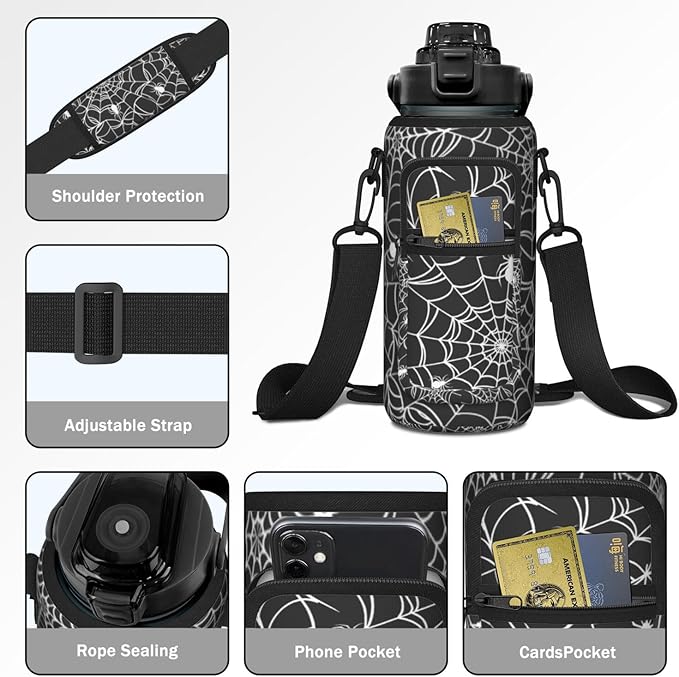 Halloween Half Gallon Water Bottle with Sleeve - Flip Top Bpa Free 64 OZ - Motivational Time Marker Leakproof Water Jug - Gothic Witchy Gifts for Women - Spider Web for Gifts