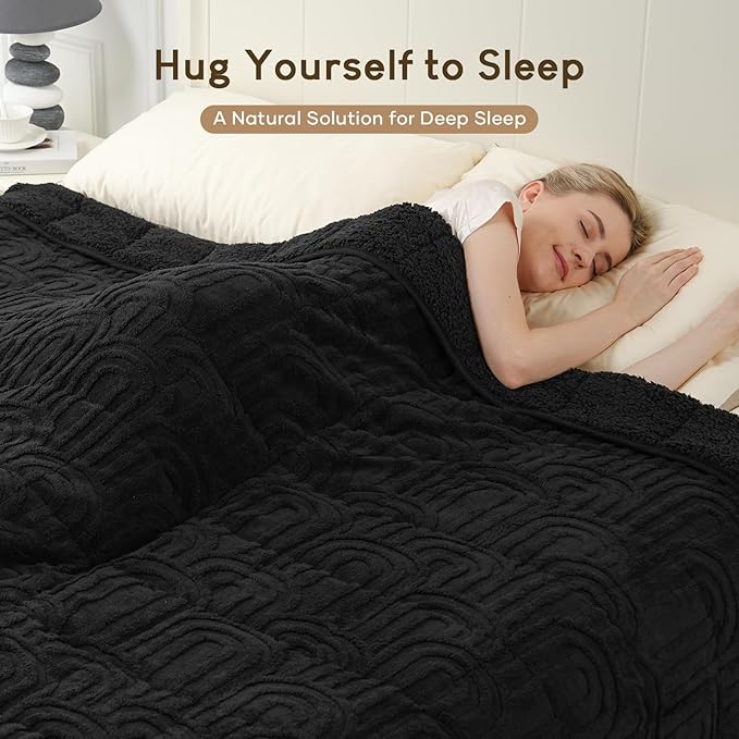 Cottonblue Jacquard Weighted Blanket for Adults 15 lbs Queen Size, Cozy Fluffy Sherpa Fleece Weighted Throw Blankets 60" x 80" for Sleep Relax, Fuzzy Warm Arch Heavy Blanket Soft for Bed Couch, Black