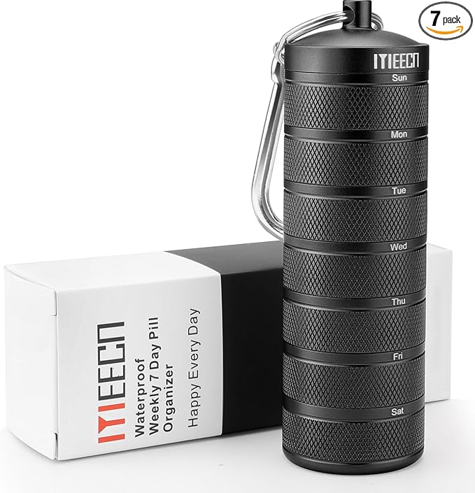 Weekly Metal Pill Organizer for Outdoor Travel, Aluminum, Waterproof, That is Shockproof and Has Large Compartments for Storing Vitamins, Fish Oil, Emergency Pills (Black)