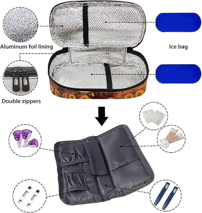 Sunflower Cow Insulin Cooler Travel Case, Diabetic Medication Organizer for Insulin Pens and Other Diabetic Supplies