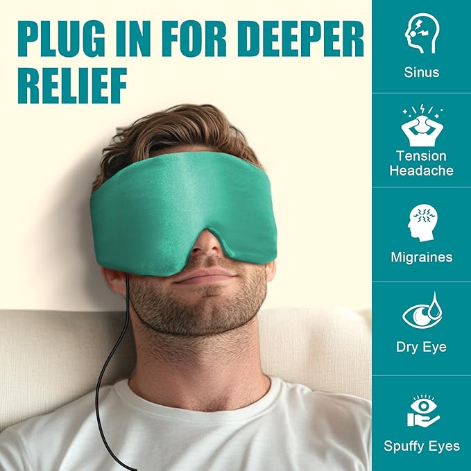 Heated Eye Mask for Dry Eyes - Ultra Soft Green Face Heating Pad, Fast-Heating Relief for Sinus Pressure, Tension Headache, Puffy Eyes & Fatigued Eye Area