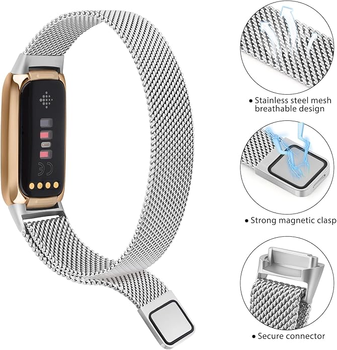 Oumida Mesh Metal Band Compatible with Fitbit Luxe Band, Stainless Steel Adjustable Loop Strap Women Men Replacement Bands for Luxe Health &-Fitness-Tracker