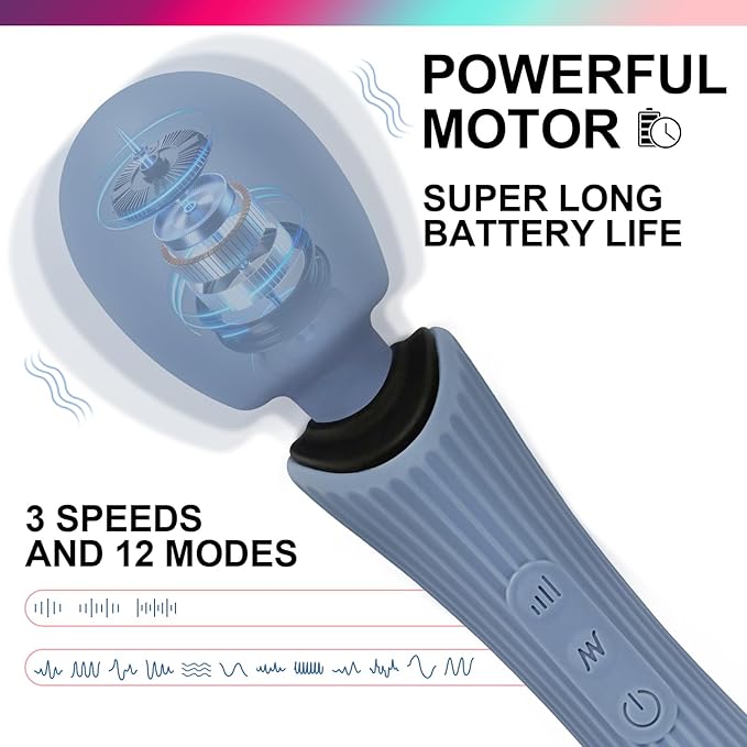 Wand Massager - 12 Vibration Modes & 3 Speeds Cordless Personal Massager - IPX7 Waterproof Handheld Electric Massager for Muscle Recovery & Stress Relief - 7.9" Rose Blue