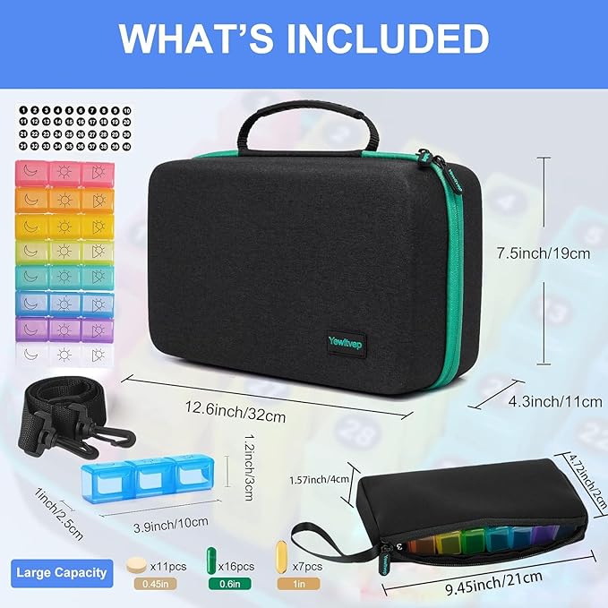 Monthly Pill Organizer 3 Times a Day, 31 Day Pill Organizer 3 Times a Day, Month Medicine Organizer Box, Medicine Pill Boxes with 32 Daily Compartments & Portable 7-Day Travel Medicine Organizing Bag