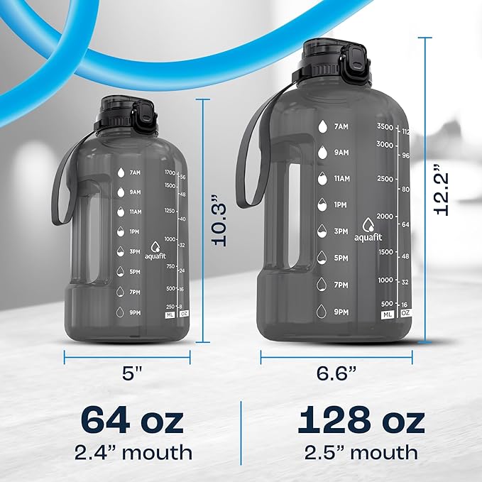 AQUAFIT Half Gallon Water Bottle with Time Marker - Straw & Chug Lid - BPA Free Gym Water Bottle with Straw - Big Gallon Jug (Aqua, 64 oz - 2in1 Lid)