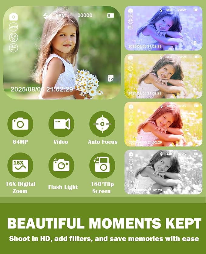 Kids Digital Camera 64MP 1080P 2.4" Flip Screen 32GB SD Card Camera for Kids Girls Toys 3-12 Year Old Girl Gifts