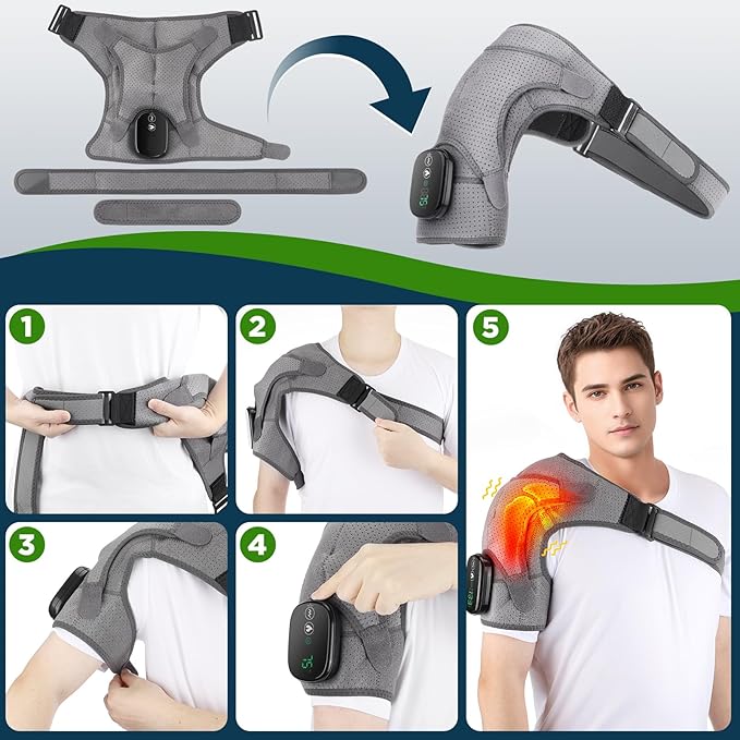 Cordless Shoulder Heating Pad, Heated Shoulder Brace for Men Women Rotator Cuff Pain Relief, Heated Shoulder Wrap with 3 Heat Levels and 3 Vibration Modes for Shoulder Discomfort Relief (Grey)