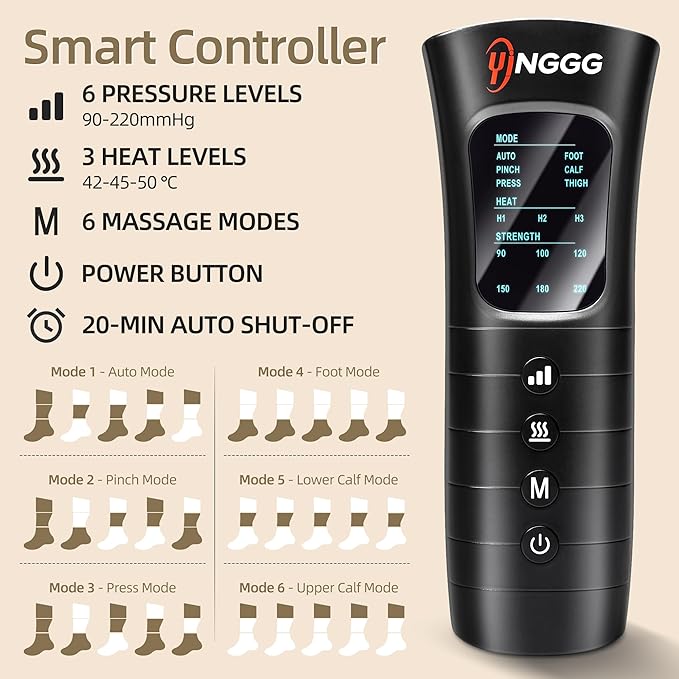 YINGGG Leg Compression Massager with Heat, Foot & Calf Massager Boots for Circulation and Pain Relief, Professional Sequential Compression Boots with 6 Modes, 6 Intensities, 3 Heat-M