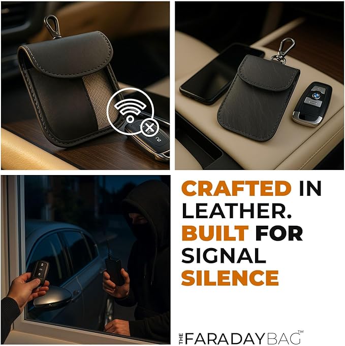 Faraday Key Fob Protector - Real Leather Premium Signal Blocking Pouches - RFID Blocking Car Key Security Shield