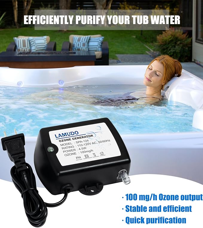 Ozone Generator for Hot Tubs and Cold Plunge, 100 mg/h, Upgraded SPA-124 Spa Ozonator Kit for Swim Spas, Portable Mini Ozone Machine with Check Valve and Tubes, 110-120V AC(NEMA 1-15 Plug)