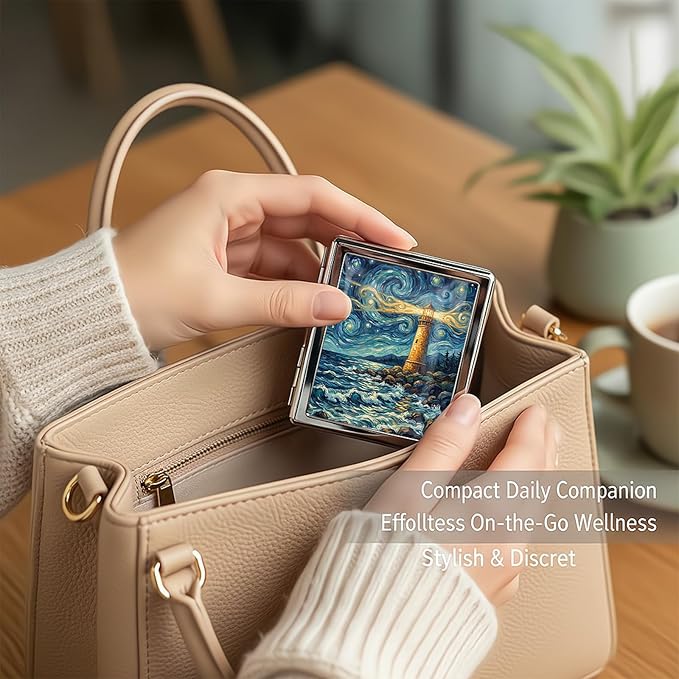 Metal 7 Day Pill Organizer, Cute Small Weekly Pill Case with 8 Compartments for Travel, Moisture-Proof Medicine Holder for Purse, Compact Daily Vitamin Box (Lighthouse Night)