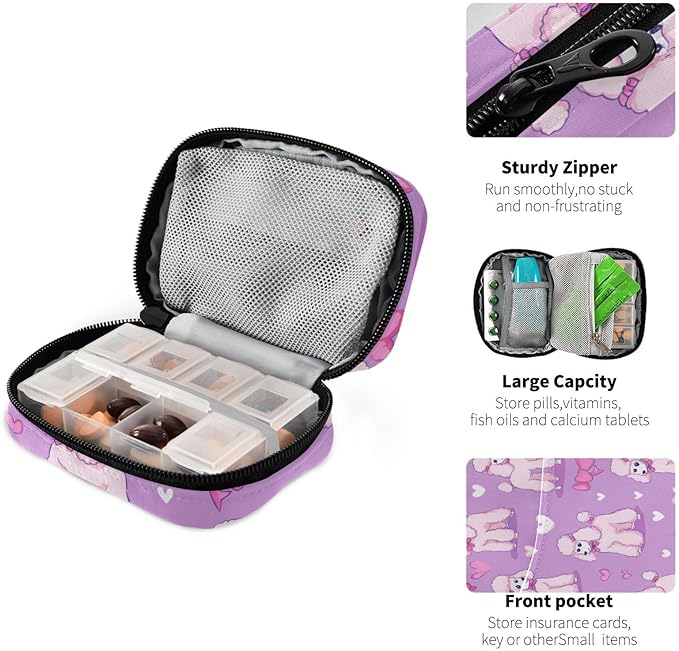Purple Cute Poodles Hearts Rainbows Ribbons Travel Pill Organizer Case Box Container Weekly Portable Vitamin Medicine Holder Storage Bag with Zipper Removable