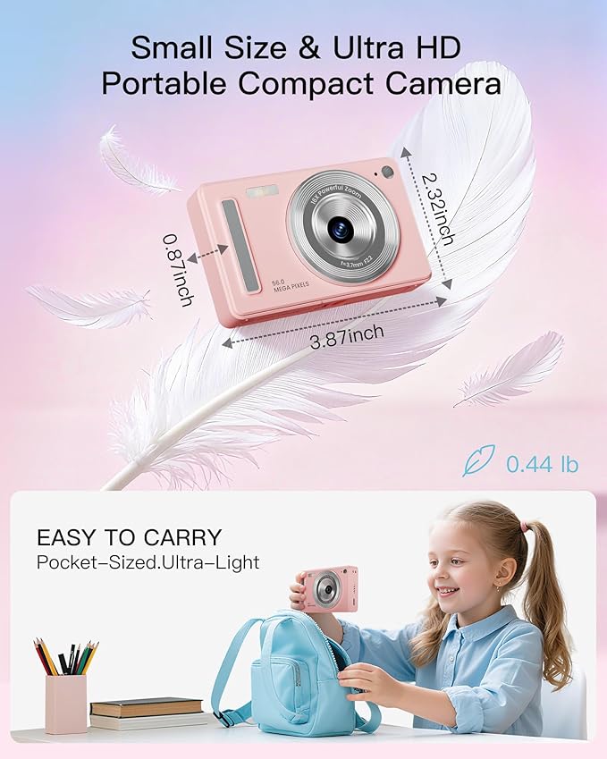 Digital Camera, FHD 1080P Point and Shoot Camera with 32GB SD Card, 2 Batteries, 16X Zoom, Anti Shake, Compact Small Design for Kids Teens Students Girls Boys (Pink)