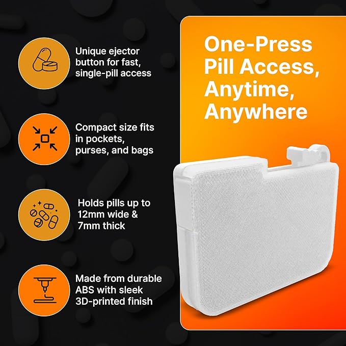 SplashNColor Travel Pill Organizer with Ejector - Portable Pill Case, ABS Material, Fits Pills up to 12mm Dia and 7mm Thickness - Travel Essentials, Pocket Purse Medicine Vitamin Holder - White 3 Pack