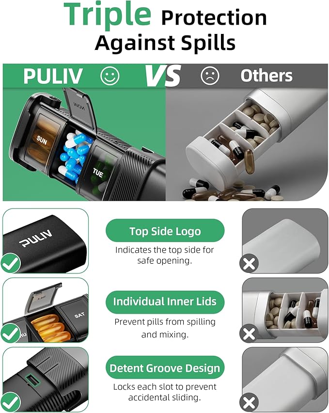 PULIV Metal Weekly Pill Organizer with Sturdy & Sleek Aluminum Alloy Case, Pill Case with Triple Protection Against Spilling, Compact Travel Pill Box 7 Day for Vitamins, Fish Oils, Supplements, Black