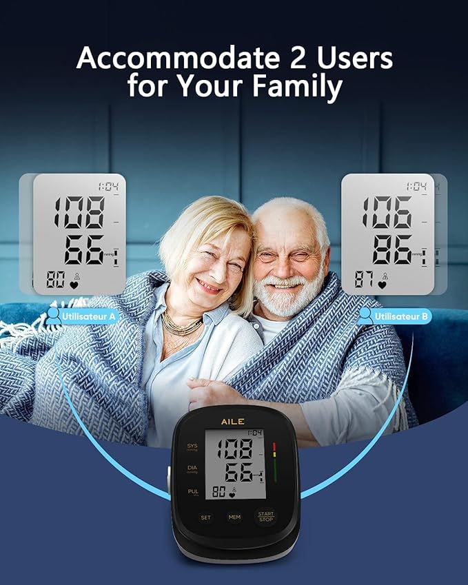 AILE Blood Pressure Monitor, Blood Pressure Machine Upper Arm Large Cuff(8.7"-16.5"), High Automatic Blood Pressure Monitors Cuff for Home Use, Manual Arm Bp Monitor, 2 * 99 Memory (Black)