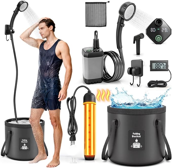 Portable Shower with Heater 1500W Camping Water Heater with Shower Head 3 Spray Modes, 6000mAh Rechargeable Shower Pump with LED Display Foldable Bucket Outdoor Showering for Hiking RV Car Travel Pet