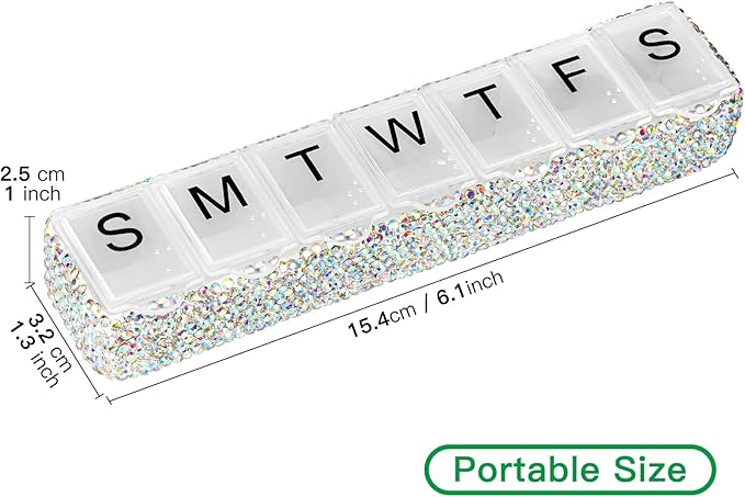 Soleebee Portable Weekly 7 Day Pill Organizer, Bling Crystal Pill Box Case, Travel Pill Planner, Pill Dispenser, Medicine Vitamin Container Organizer (AB)