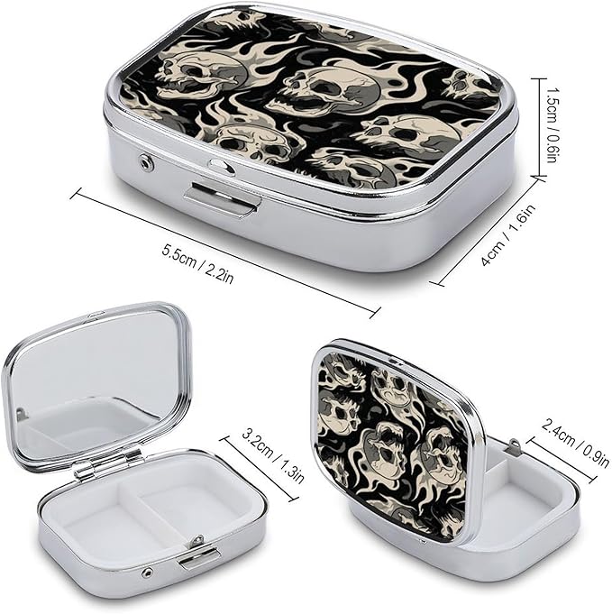 Metal Pill Organizer – 2-Compartment Pocket Pill Box for Vitamins, Supplements, Medications – Compact Travel Case (Flaming Skulls)