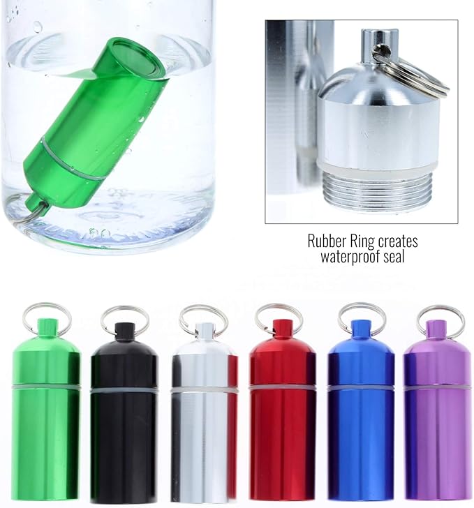 (6-Pack) ID Pill Holder Key Chain O Ring Cap Plastic Coated Interior (Assorted Colors)