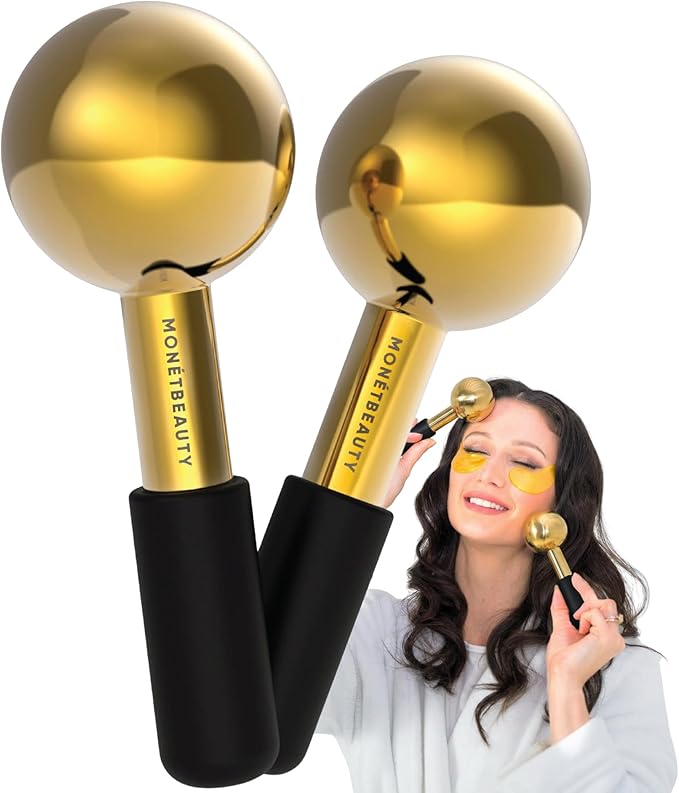 Stainless Steel Ice Globes for Facials (Gold Black Handle), Durable Cryo Globes Instantly Reduce Puffiness, Tighten Pores & Sinus Relief, Face Globes Facial Massages & Daily Beauty Routine