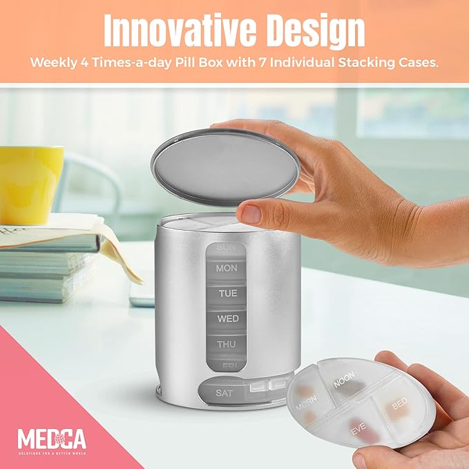 Stackable Daily Pill Organizer - Premium Weekly Medication Reminder with 7 Individual Stacking Cases - Weekly AM/PM Pill Box with 4 Times a Day, a Everyday Medicine Organizer for Vitamins, Silver