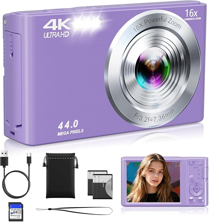 Digital Camera, 2026 Upgraded FHD 4K Camera Digital with 16X Zoom, Small Portable Camera with 64GB Memory Card 2 Batteries, Compact Travel Digital Camera for Beginners Students Boys Girls