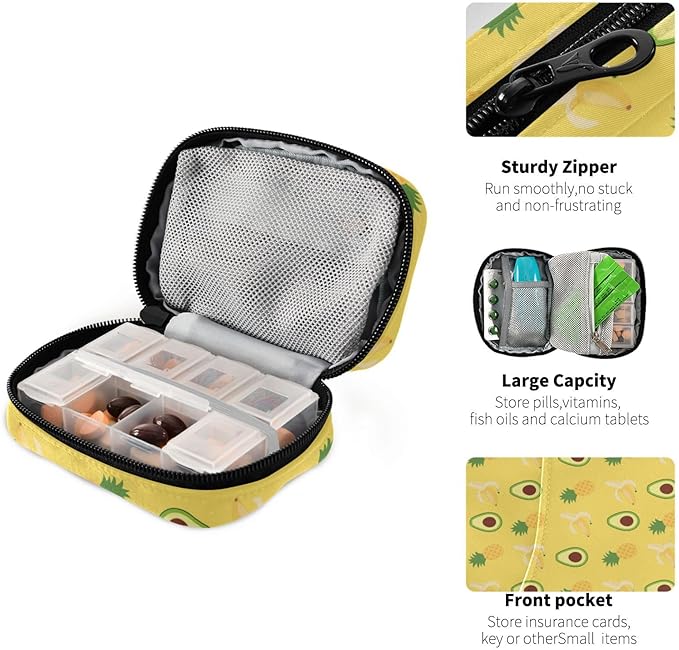 Pill Organizer Box Case Weekly Travel Pill Container Holder 7Day Cute Vitamin Organizer Dispenser Sorter Planner Storage Small Compact Pineapples Avocado Banana Yellow08