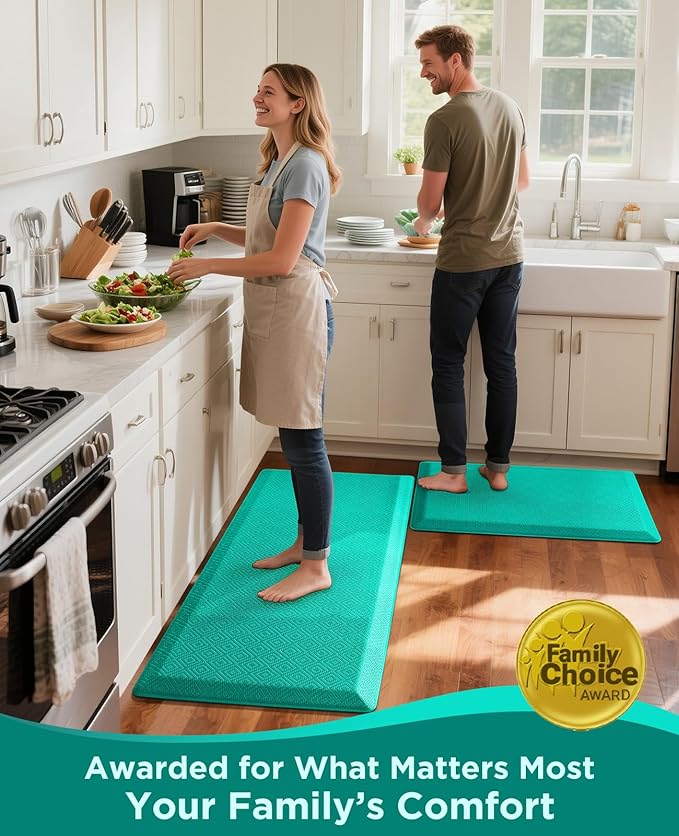 Ophanie Kitchen Mats for Floor, 3/4 Inch Thick Kitchen Rugs, 20''x32'' Anti Fatigue Standing Cushioned Mat, Waterproof,Comfort Ergonomic Mat for Office, Home, Sink, Teal Non-Slip Bottom