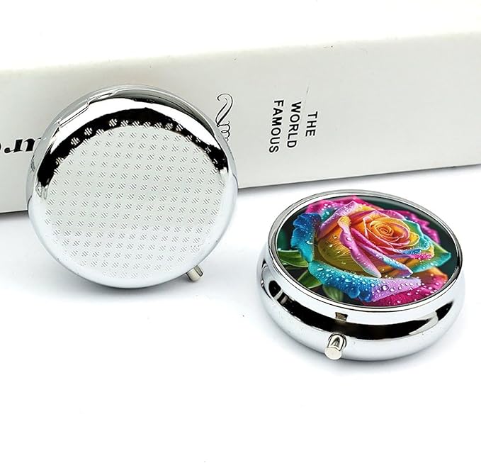 Colorful Rose with Water Pill Box Travel Pill Case for Purse Pocket Weekly Medicine Organizer with Mirror 3 Compartment Round Medicine Case Portable PillcaseHolder for Daily