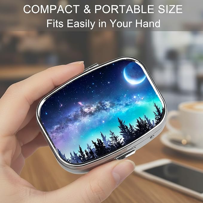 Square Pill Case Small Pill Box with Mirror Pocket 2 Compartment Vitamin Pill Medicine Case Organizer Pill Containers for Traveling Starry Sky Coniferous Forest Moon