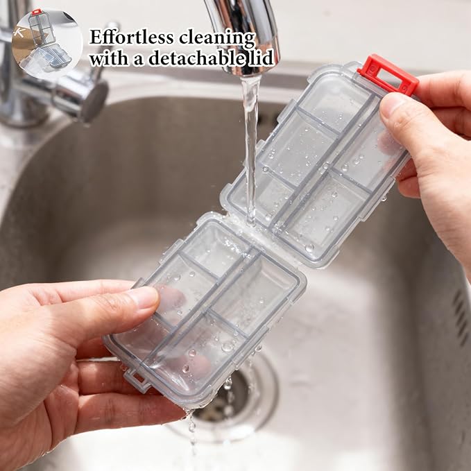 4Pack Travel Pill Organizer - 10 Compartments Pill Case with 64 Stickers, Pill Organizer 2 Times A Day, 20 Days Portable Compartments for Vitamins, Fish Oils, Supplements(Gray)