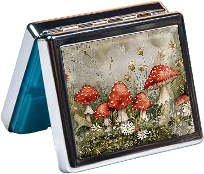 Silver Vintage Pill Box 7 Day Metal Pill Box with Mirror and 8 Compartments Cute Travel Pill Organizer for Purse,Compact Portable Pill Organizer (Sewant Mushrooms)