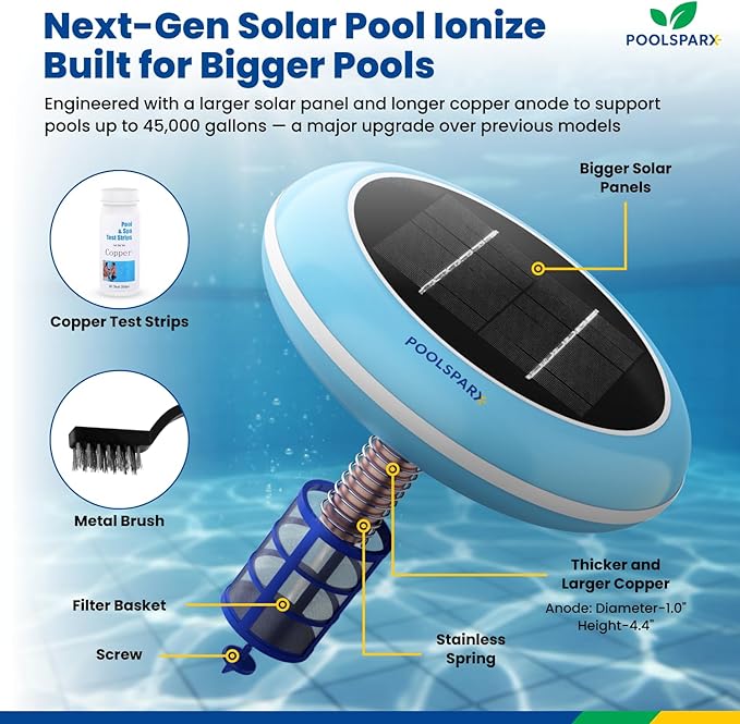Solar Pool Ionizer – Copper Pool Ionizer for Above Ground & Inground Pools up to 45,000 Gallons – Solar Powered Pool Ionizer System
