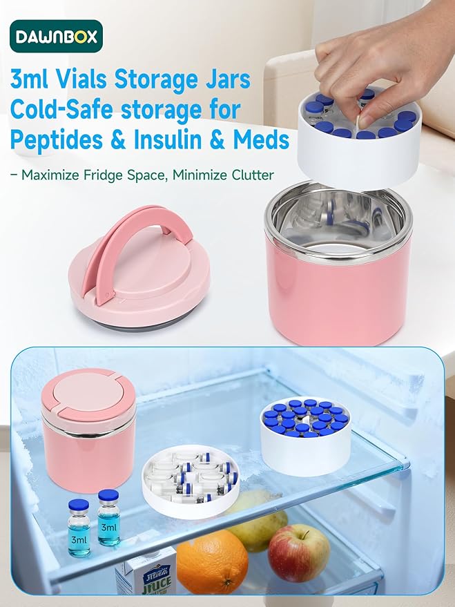 3ml Peptide Case for Fridge Vial Inserts with 22oz Food Jar, Peptide Fridge Case/Peptide Travel Case TSA Approved, Holds 28 Vials, Peptide Storage - Fridge/Travel Safe (Pink Jar and White Insert)