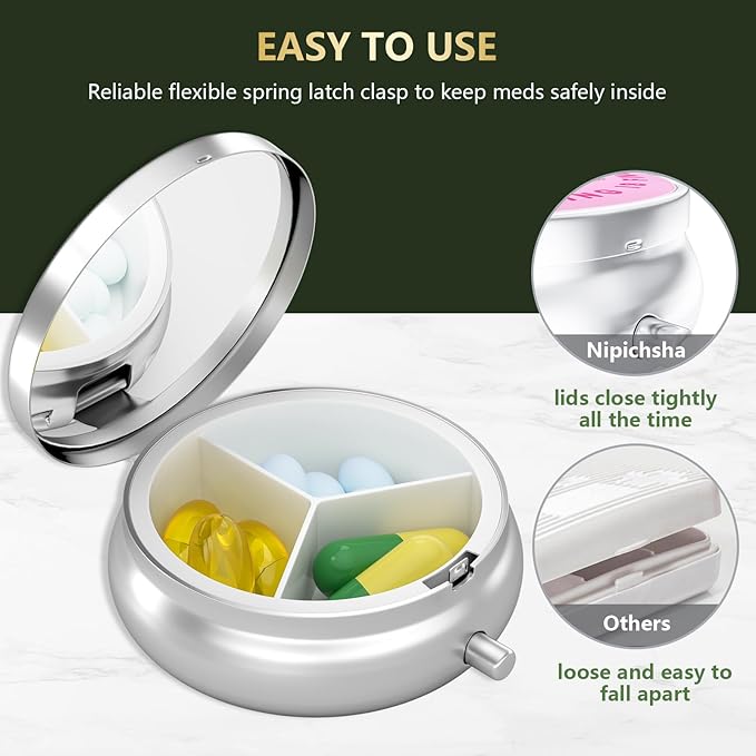 Nipichsha Pill Box, Small Pill Case for Purse & Pocket, Cute Travel Medicine Organizer, Portable Medicine Container Holder to Hold Vitamins, Medication, Fish Oil & Supplement, Pink Cute Dumpster